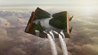 Fantasy image of open book in the sky on whose pages are depicted a tree-lined river becoming a waterfall pouring over the edge