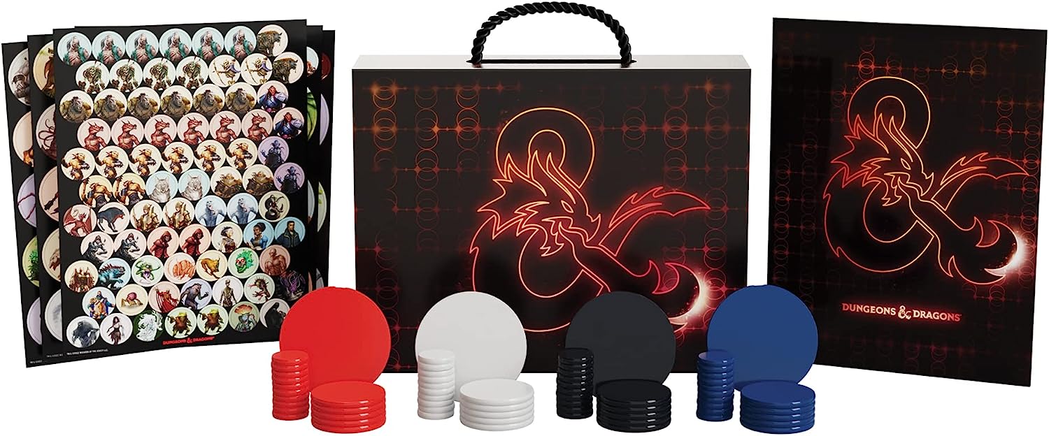 Picture of Dungeons and Dragons Creatures Campaign Case contents : discs, sheets of reusable clings, and box