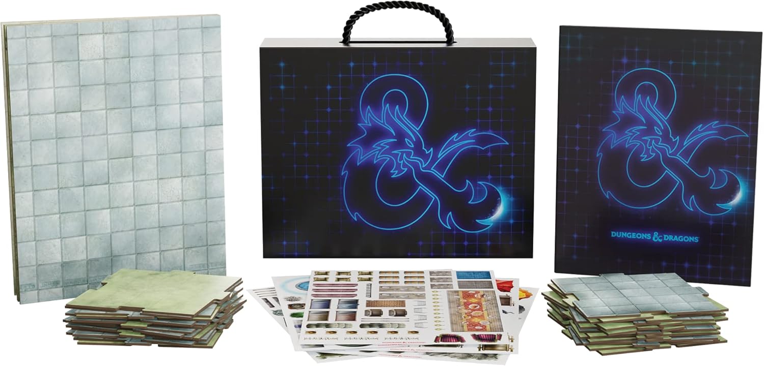 Picture of Dungeons and Dragons Terrain campaing case contents: interlocking tiles, board, reusable clings and case