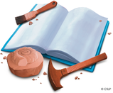 an open book, copper digging tools, and a fossil