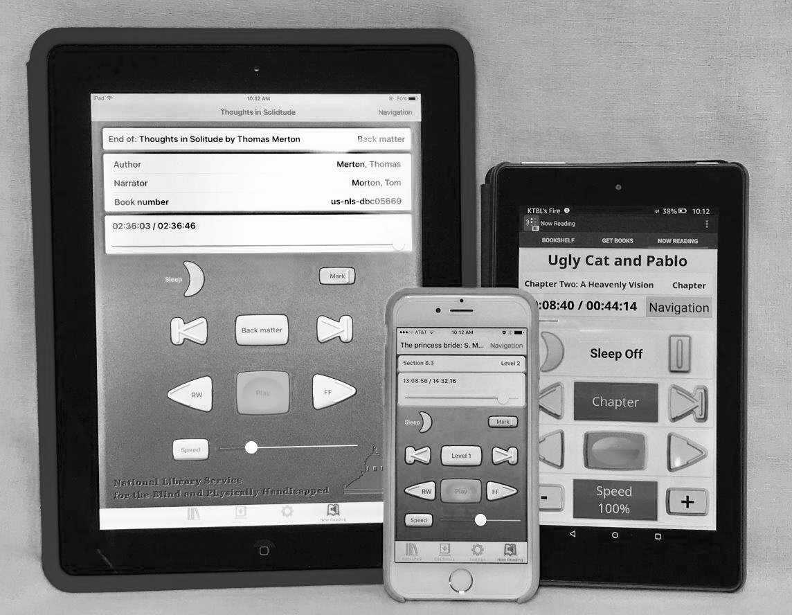 an ipad, iphone, and kindle showing the BARD mobile app on their screens