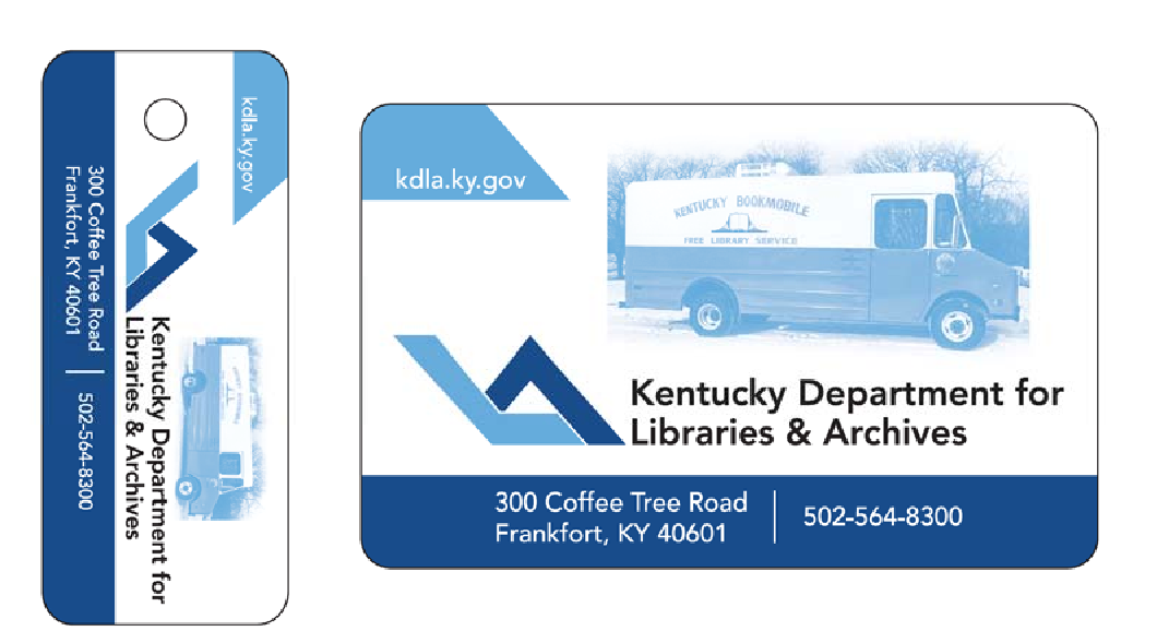 A wallet-size and a keychain-size library card are depicted.